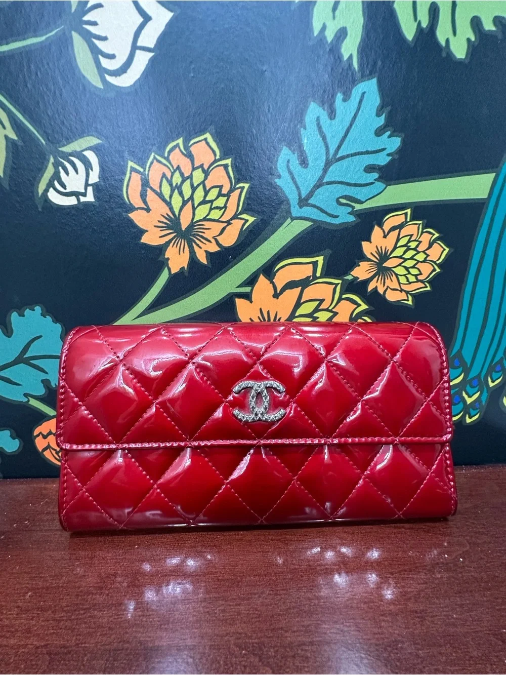 Chanel Classic Red Patent Quilted Long Flap Wallet Silver CC 13 Series